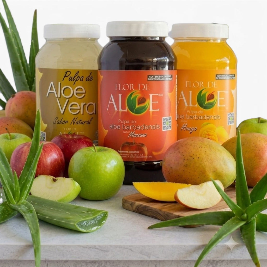 Pulpa de Aloe Vera 3 Pack Natural, Mango y Manzana | Flor de Aloe