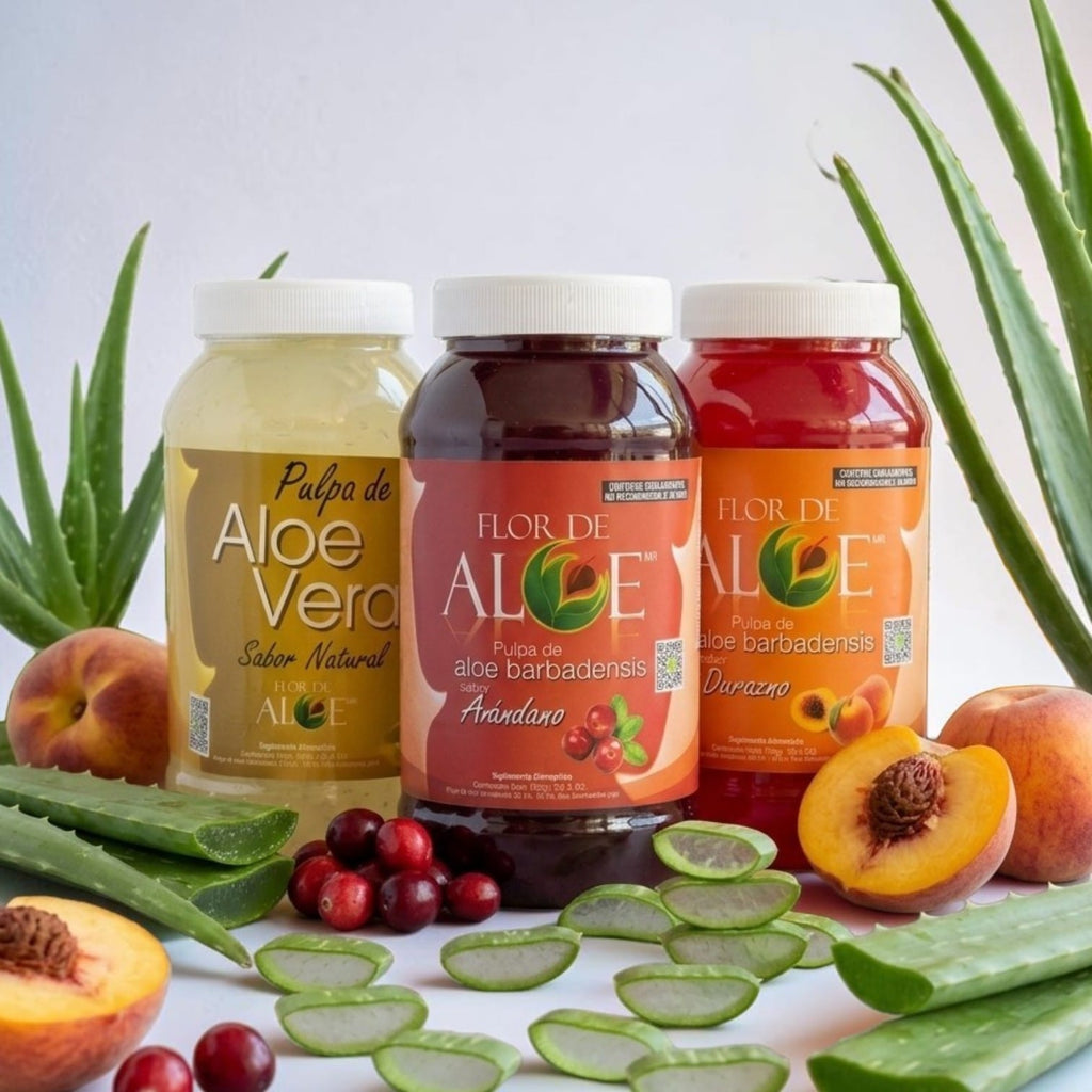 Pulpa de Aloe Vera 3 Pack Natural, Arándano y Durazno | Flor de Aloe