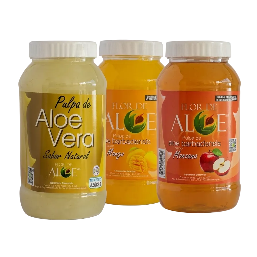 Pulpa de Aloe Vera 3 Pack Natural, Mango y Manzana | Flor de Aloe