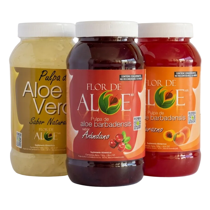 Pulpa de Aloe Vera 3 Pack Natural, Arándano y Durazno | Flor de Aloe