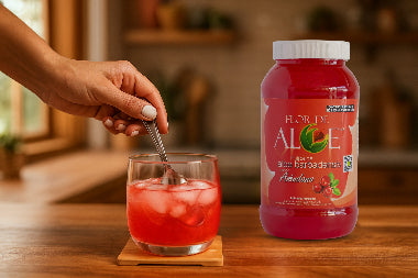 muestra de preparación de bebida con pulpa de sábila Flor de Aloe sabor arándano