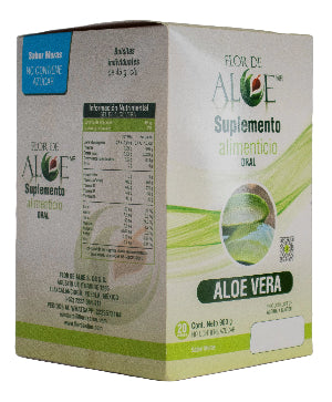 caja que contiene sobres individuales de gel de sábila sabor moras flor de aloe