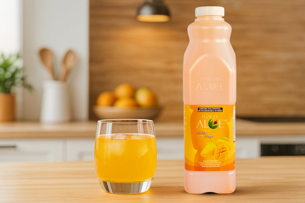 Jugo de Sábila sabor Mango 99% Aloe Vera sin Azúcar 1 Litro | Flor de Aloe