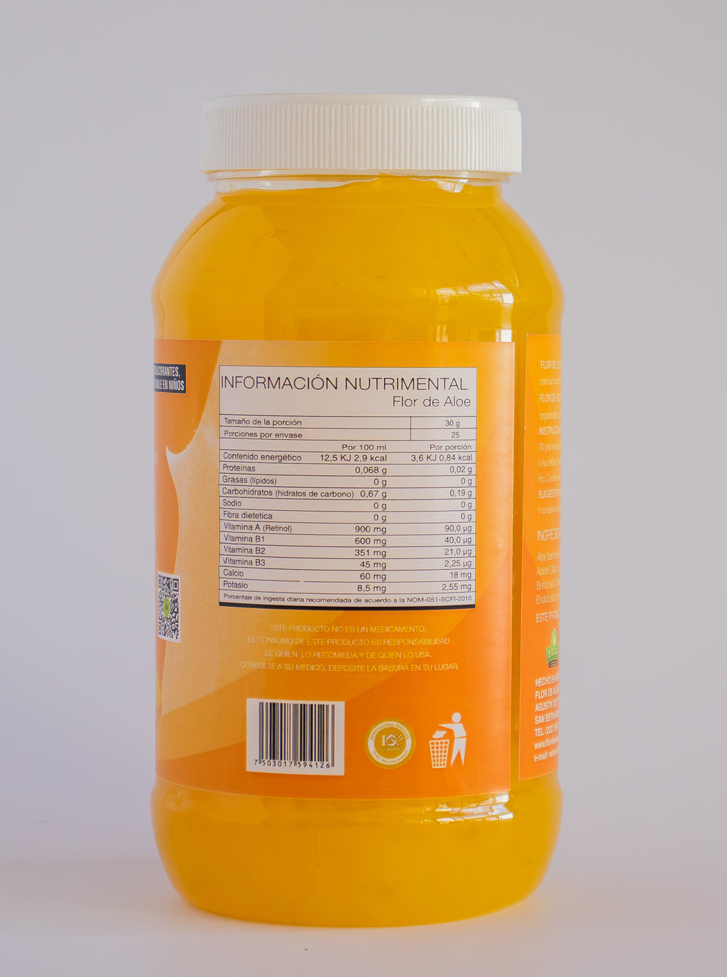 Frasco de pulpa de ábila sabor piña, información nutrimental