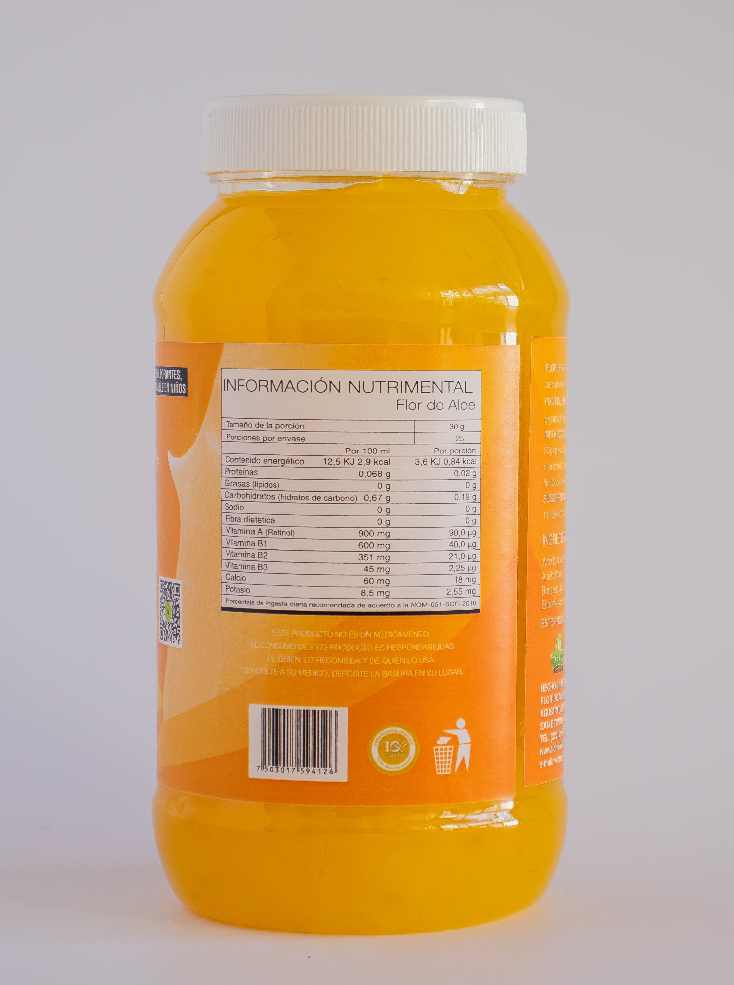 Frasco de pulpa de ábila sabor piña, información nutrimental