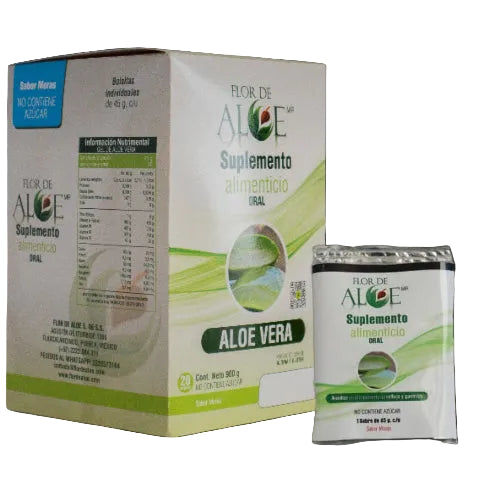 caja con sobres  individuales de gel de sábila sabor moras