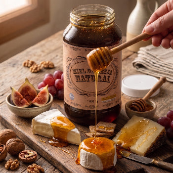 Miel Natural Orgánica y platón de quesos finos