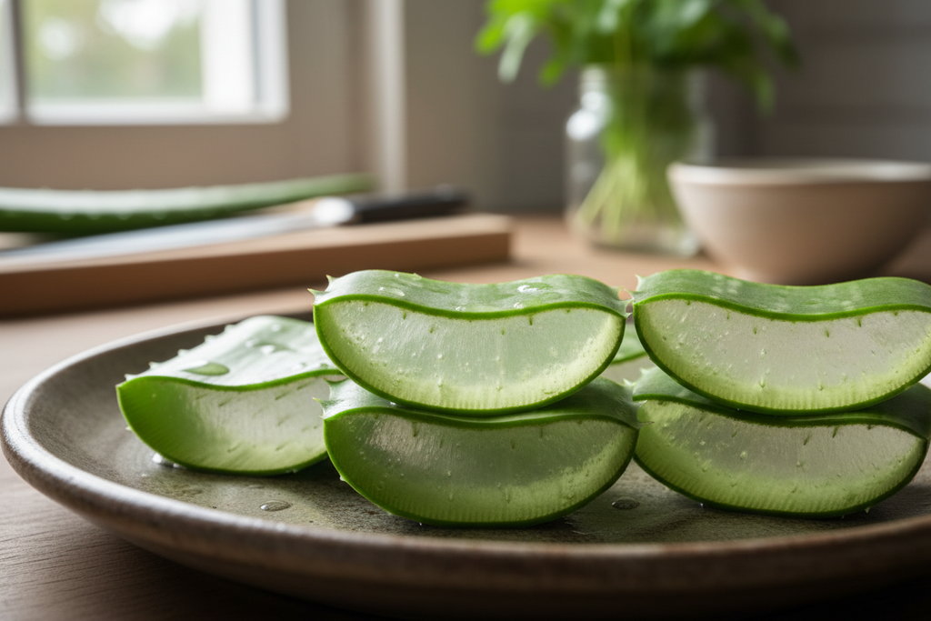 sábila fresca y natural rebanada en rodajas gruesas